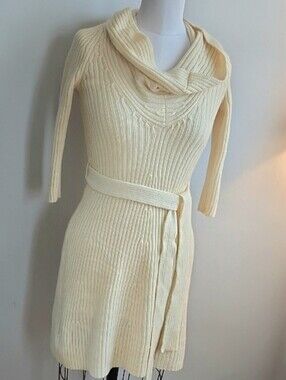 Vintage Bebe 100% Wool Cowl Neck Ribbed Sweater Mini Dress M Winter White